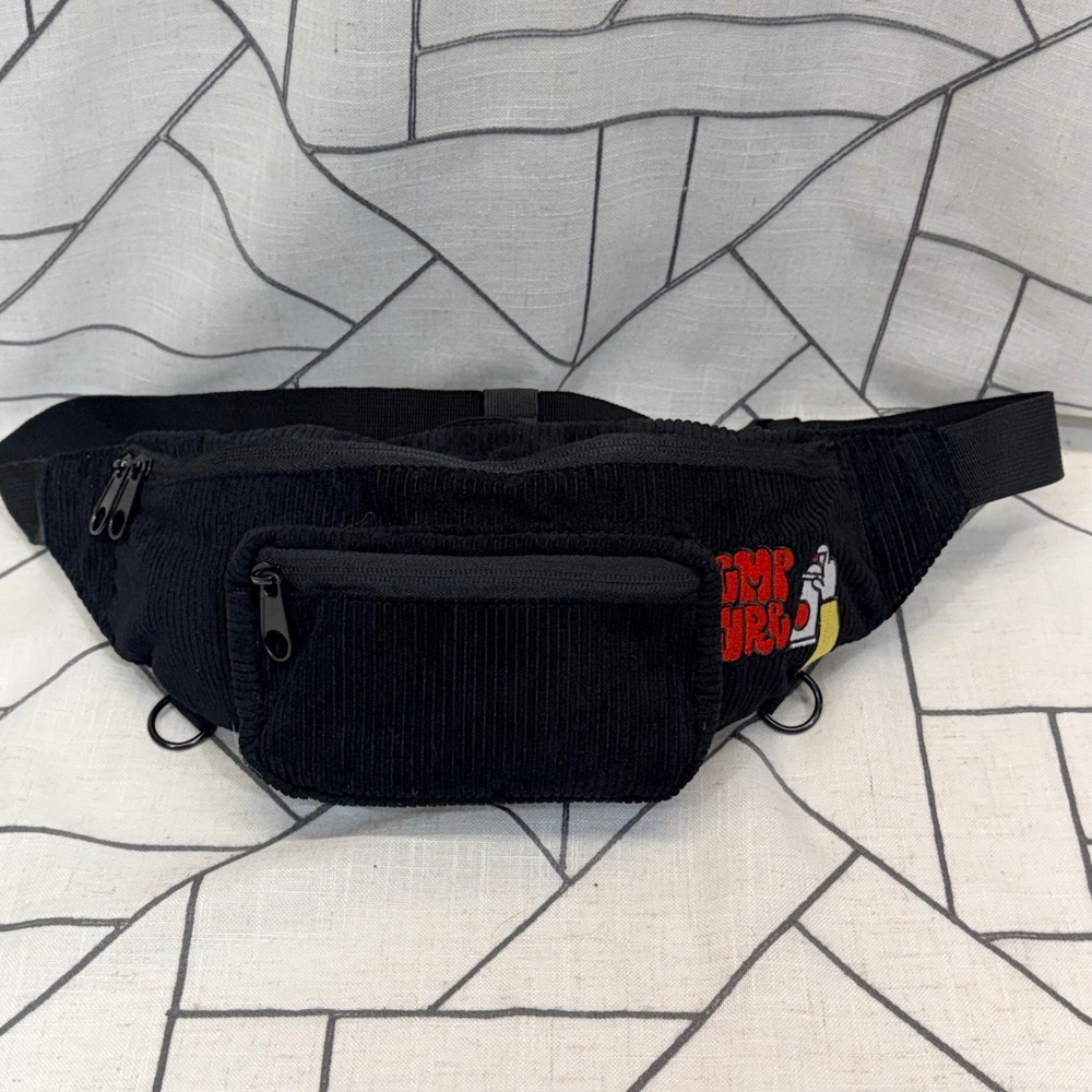 EMPYRE‎ Black Corduroy Fanny Pack Waist Bag Spray Paint Graphic Streetwear